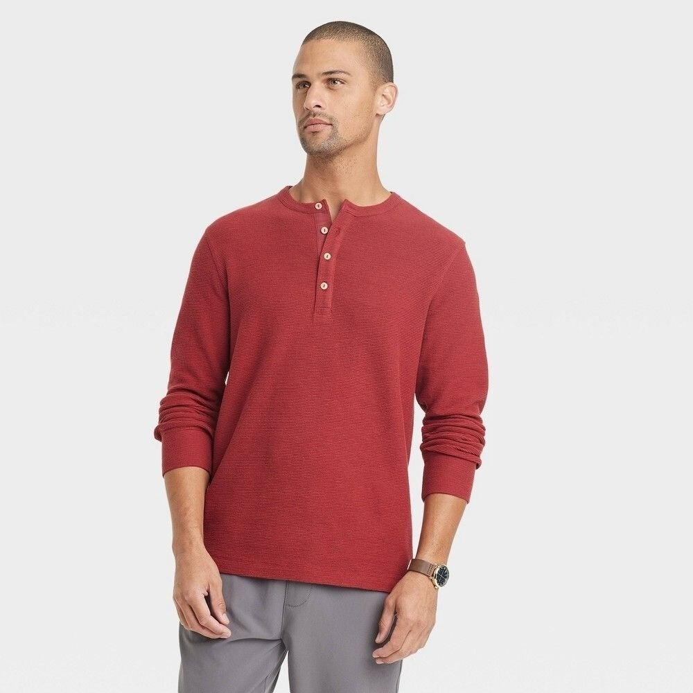 Men's Long Sleeve Textured Henley Shirt - Goodfellow & Co™‎ Wine Red Medium